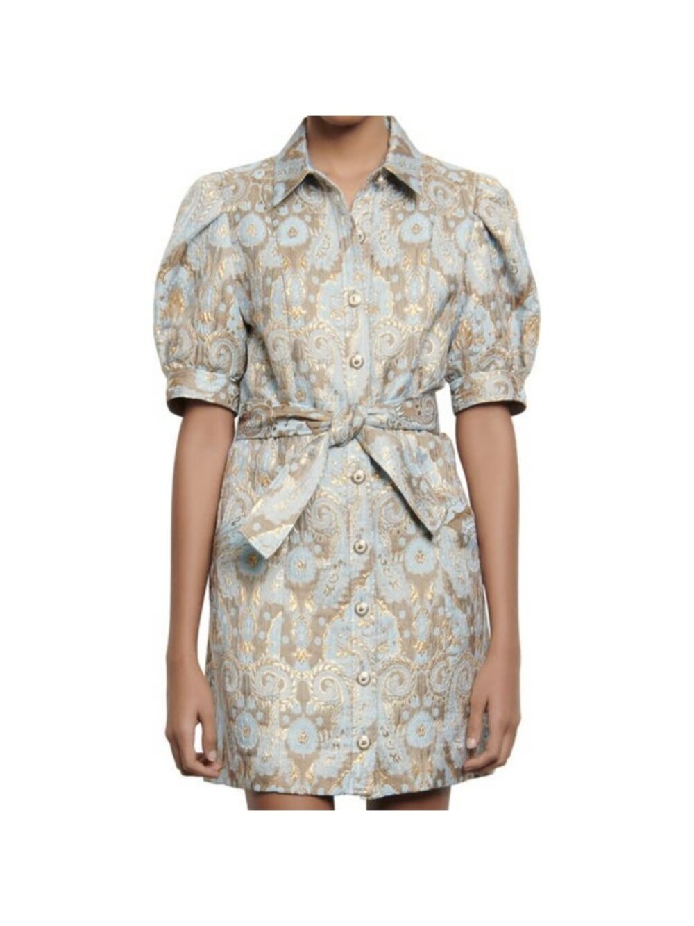Sandro GOLD/BLUE Women's Orlan Metallic Jacquard Dress, US 40